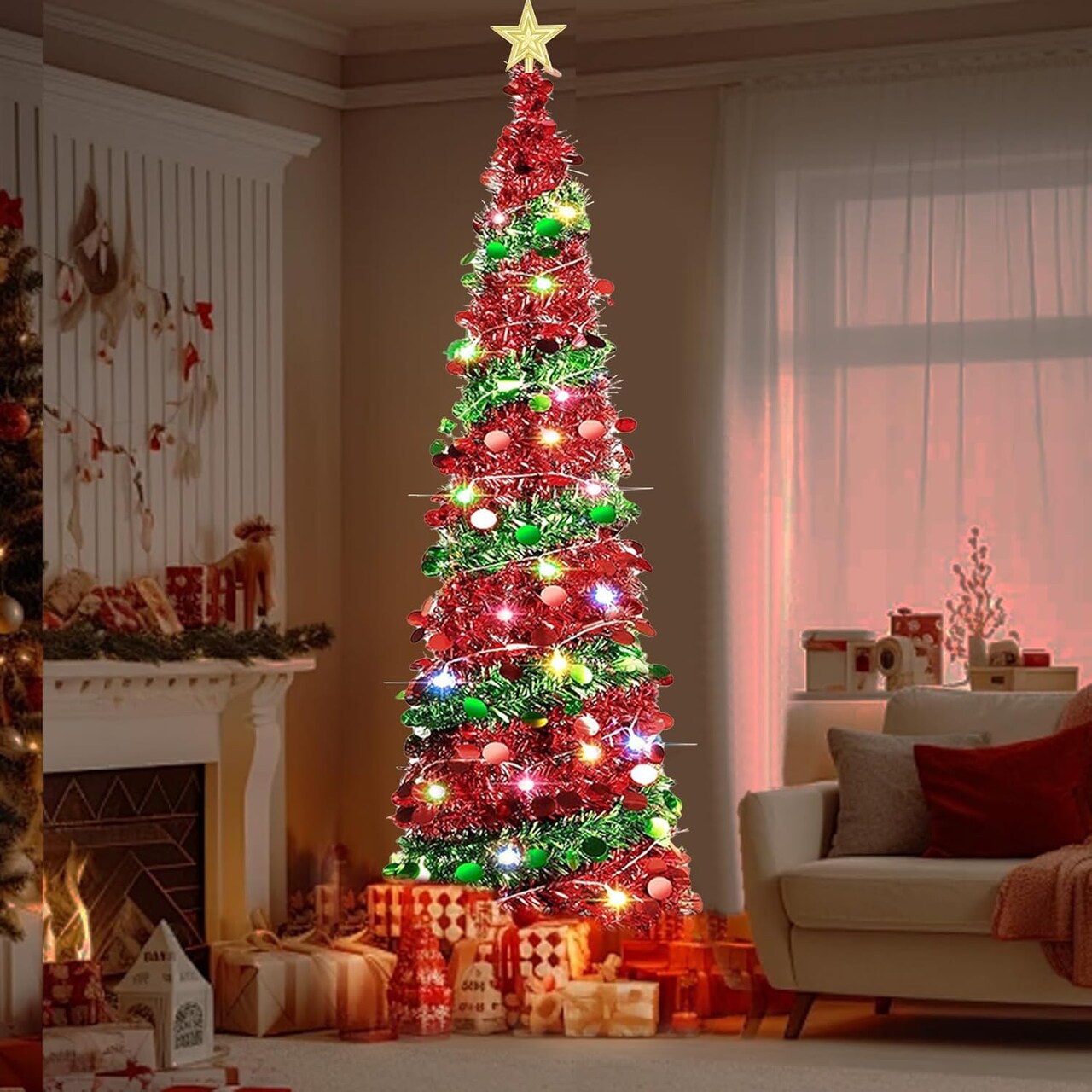 5 Ft Pop Up Christmas Tree with 50 Lights(Red a)15"D x 15"W x 60"H